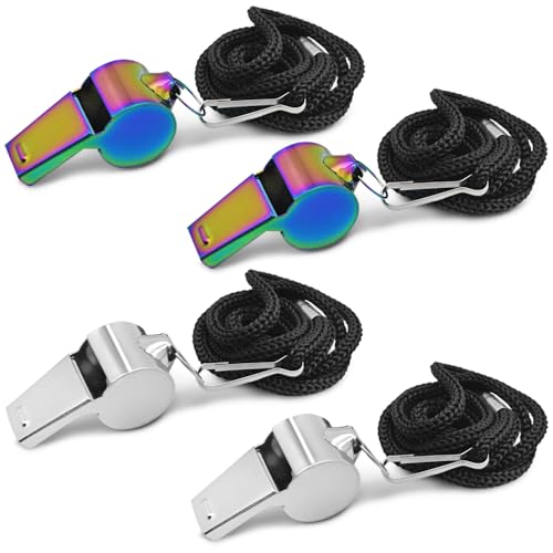 Loud Stainless Steel Whistles - 4 Pack with Lanyards for Coaching & Emergencies