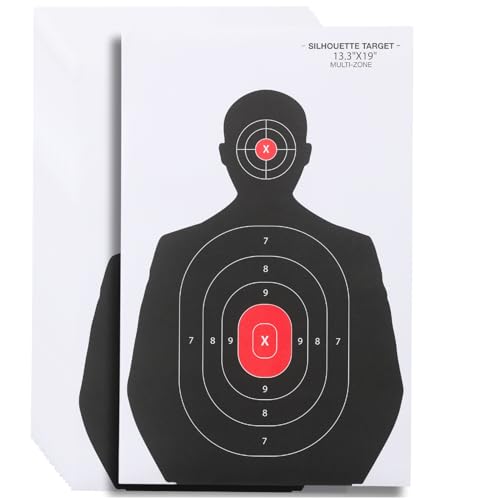 Large Silhouette Shooting Targets 14x22 Inch - 50 Pack with Red Bullseye