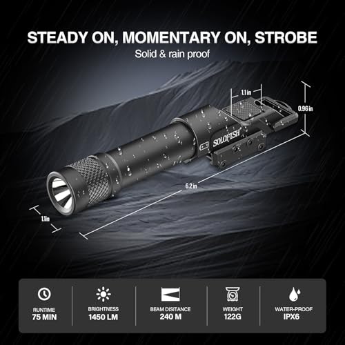 Solofish Aluminum 1450lm Flashlight is Compatible Picatinny/Mlok Rail, with Pressure Pad Switch for Rifle, Weapon Light with Strobe/Momentary, Replaceable Batteries