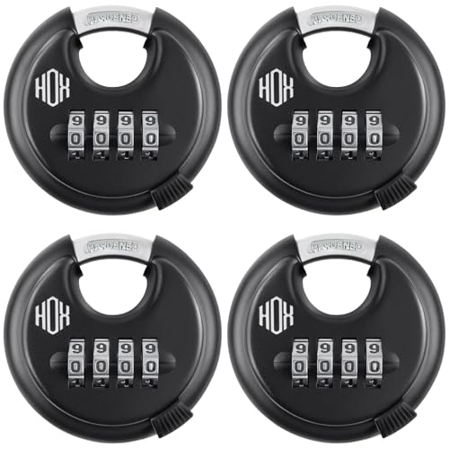 HOX Combination Lock, 4 Digit Disc Padlock with 3/8 Inch Hardened Steel Shackle, 2-3/4 Inch Zinc Alloy Wide Body, Keyless Heavy Duty Combo Lock for Hasp Latch, Sheds, Fences, Storage Locker (4 Pack)