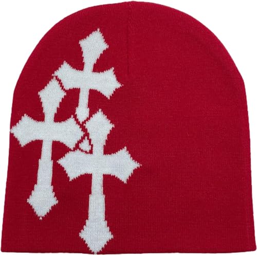 Pooyikoi Y2K Dark Cross Wool Hat for Cold Weather - Black-White, One Size