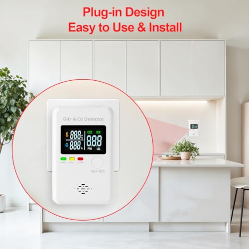 Combination Natural Gas & Carbon Monoxide Detectors,4-in-1 Real-time Display & Monitor,Low-Concentration Detect,Plug in Propane Detector & CO Alarm, for Home,Camping,RV,Apartment