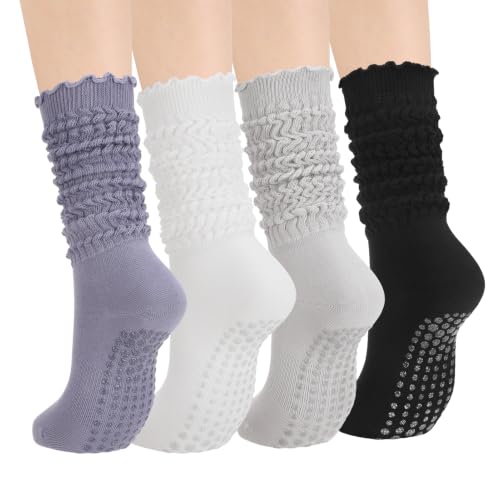 Anti-Slip Pilates Socks with Grips - Ruffle Yoga Crew Socks - Black White Gray Purple
