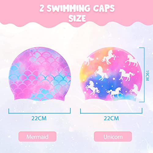 WAWSAM Unicorn Mermaid Kids Swim Cap 2 Pack Silicone 3-8 Years – Long & Short Hair