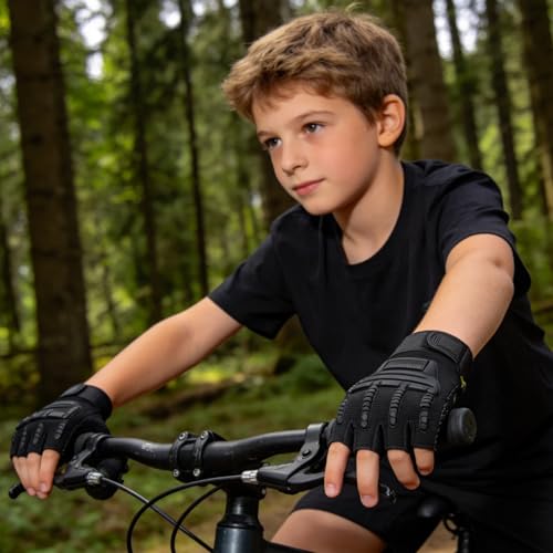 Kids Half Finger Cycling Gloves - Breathable Non-Slip UV Protection - Camouflage Black