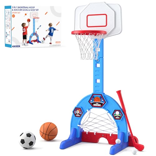 3-in-1 Kids Sports Activity Center with Basketball Hoop, Soccer Goal & Golf Game - Adjustable Height
