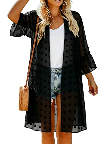 Women’s Summer Kimono Cardigan Beach Cover Up with Puff Sleeves