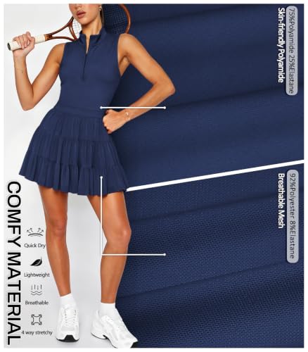 Hragc Women's Tennis Pleated Ruffle Zip-Up Athletic Dress – Navy Blue, Medium