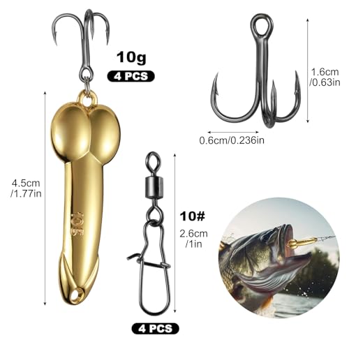 10g Zinc Alloy Spoon Lures with Treble Hooks - 4Pcs Fishing Tackle