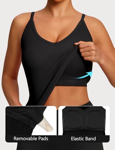 Missclub 2-Pack Women’s Workout Tank Tops with Built-in Bra, V-Neck Ribbed, Set B, Medium