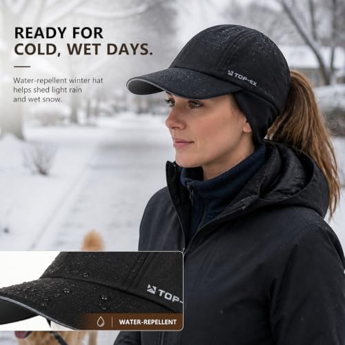 Women's Water-Repellent Winter Ponytail Baseball Cap with Fleece Ear Flaps - Medium-Large, Black | TOP-EX