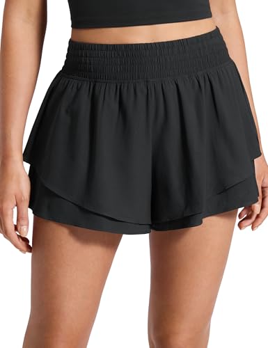 CRZ YOGA Drapey Double Ruffles Athletic Shorts - Medium Black