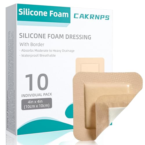 CAKRNPS Dark Beige Silicone Foam Wound Dressings 4x4 Inch Pack of 10 – Waterproof, Self-Adhesive, Hypoallergenic for Bed Sores & Exuding Wounds