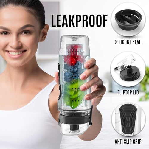 Zulay Fruit Infuser Water Bottle 34oz Jet Black Leakproof with Full-Length Infusion Rod