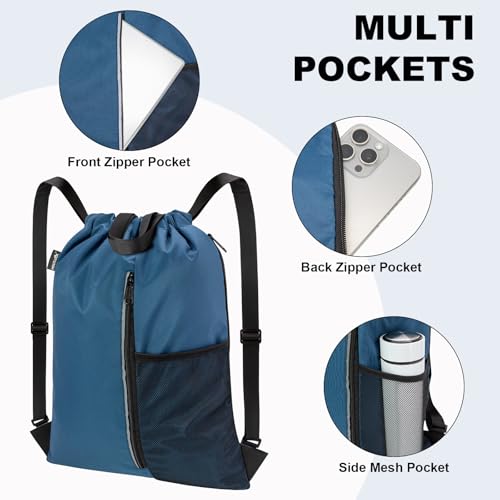 HOLYLUCK Petrol Blue Drawstring Gym Backpack with Wide Straps - Sports & Beach Bag