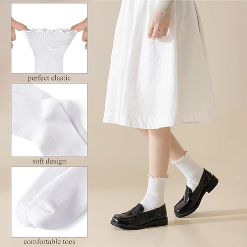 Cute Ruffle Ankle Socks for Women - White, 6 Pairs
