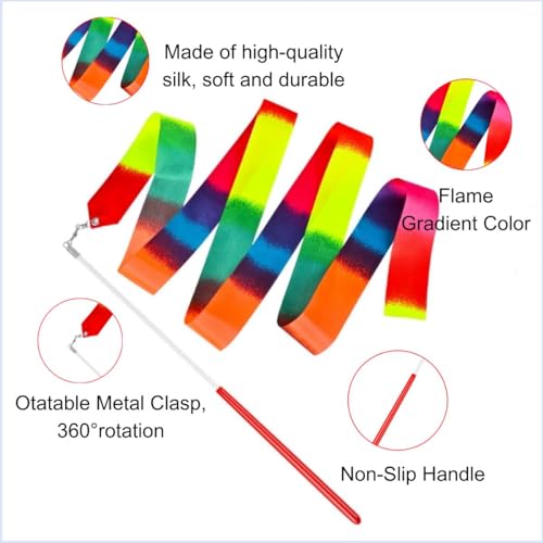 4 Pcs Rainbow Dance Ribbons with Twirling Batons - 78.7 Inch Streamers