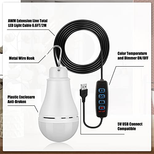 6 Pcs USB Light String LED Portable Light Bulb Rechargeable USB Strip Camping Lantern with Splitter Cable for Camping Porch Backyard Garage Warehouse Truck Fishing Boat