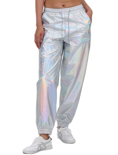 ABEHIK Large Silver Women's Wide Leg Metallic Sparkle Cargo Pants High Waist Joggers