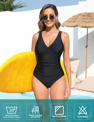 Women's High Waisted Tummy Control One-Piece Swimsuit Black XL | HUICHANG