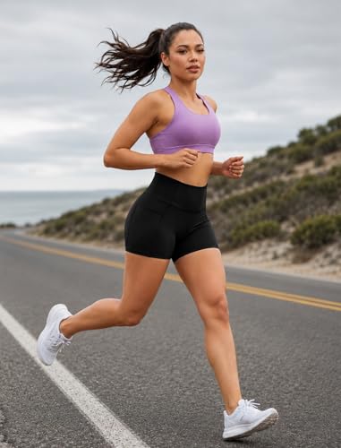 High Waisted Biker Shorts for Women - Medium Black - Tummy Control Yoga Compression with Pockets
