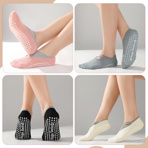 Pilates Grip Socks for Women - 4 Pairs with Cross Straps