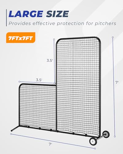 7x7ft Baseball L Screen with Wheels - Pitcher Protector Net