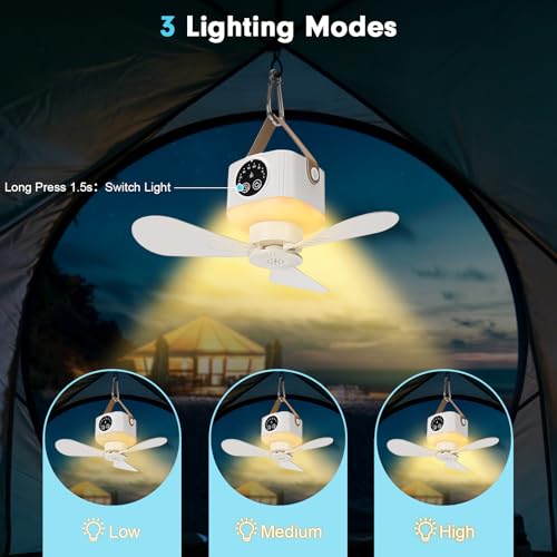 FIALAME White Portable Ceiling Fan with Lights & Remote - Camping & RV Fan