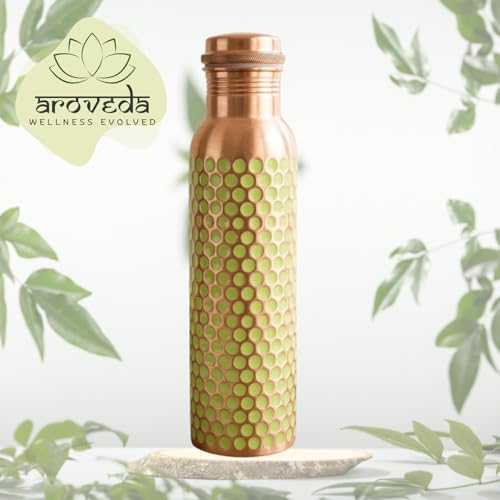 Pure Copper Water Bottle 32 oz with Leak-Proof Cap & Cleaning Brush - Handmade Hammered Design