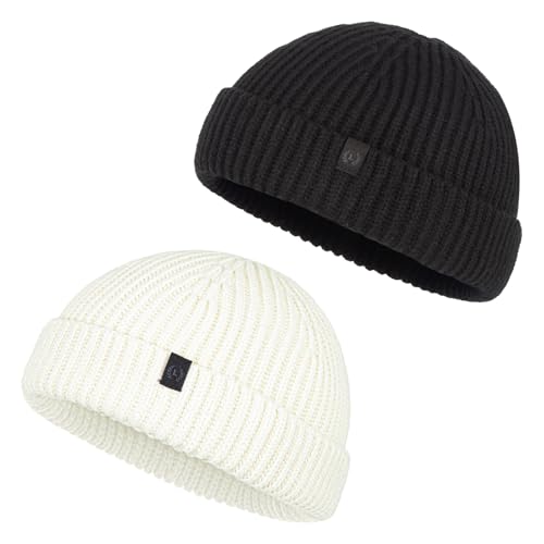 Winter Beanie Hat - 2 Pack Fisherman Trawler Skull Caps - Beige & Black