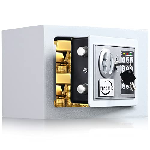 TENAMIC Electronic Digital Security Keypad Lock Box - 0.23 Cubic Feet Mini Safe for Office, Hotel, Home - White