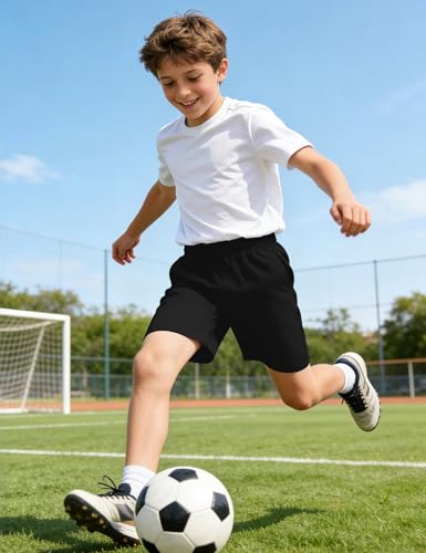 Boys Athletic Shorts with Pockets - Quick Dry, 11-12 Years, Black