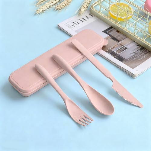 Reusable Wheat Straw Cutlery Set - Knife, Fork & Spoon - Pink