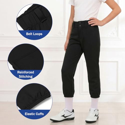 Girls Softball Pants 4T-14 Years Toddler Youth Baseball T-Ball Pants with Pockets & Belt Loops (7-8 Years, Black)
