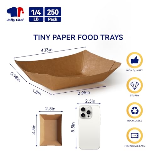 JOLLY CHEF 1/4lb Mini Disposable Food Trays 250 Pack – Leak-Proof Paper Serving Boats