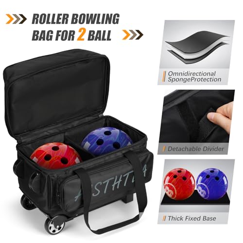 Aisthtea Black 2 Ball Bowling Bag with Wheels, Lightweight Roller