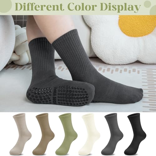 Non-Slip Pilates Socks with Grips for Women - 6 Pairs, Dark Grey+Light Grey+Khaki+White+Pickles Green+Black