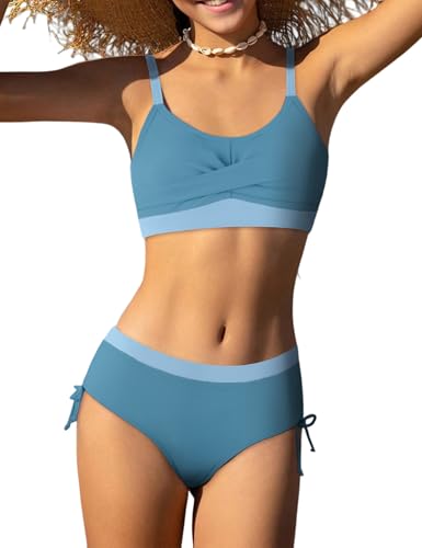 Girls 3PCS Color Block Bikini Swim Set - Dark Blue & Light Blue, 15-16 Years