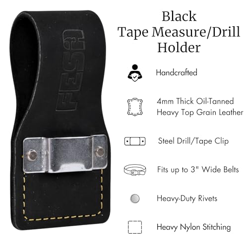 Black Leather Tape Measure Holder for Belt - Heavy Duty Tool Pouch with Steel Clip & Rivets