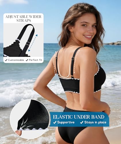 American Trends Sports Bikini Top for Women - Wirefree Swim Bra, Black Trim, Small