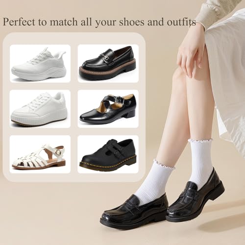 Cute Ruffle Ankle Socks for Women - White, 6 Pairs