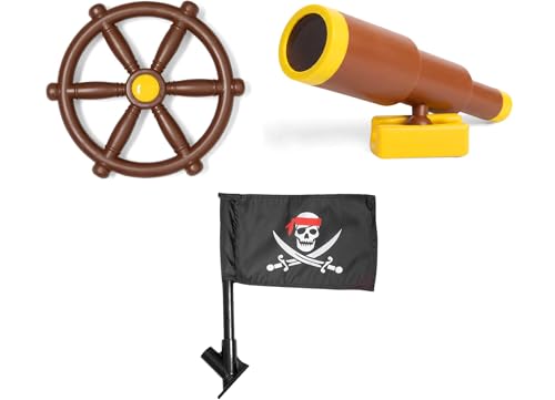 Barcaloo Pirate Playground Bundle - Brown Pirate Set with Telescope, Wheel & Flags for Kids