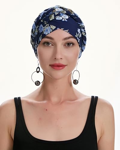 ZLYC Women's Pre-Tied Braid Floral Navy Lightweight Chemo Headwear Turban