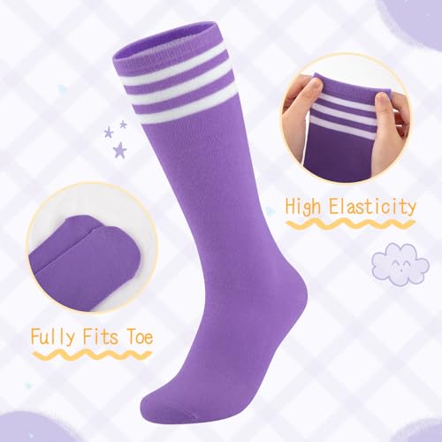 Kids Soccer Socks - 4 Pairs Knee High Cotton Striped - Black, White, Blue, Purple | Ages 7-10