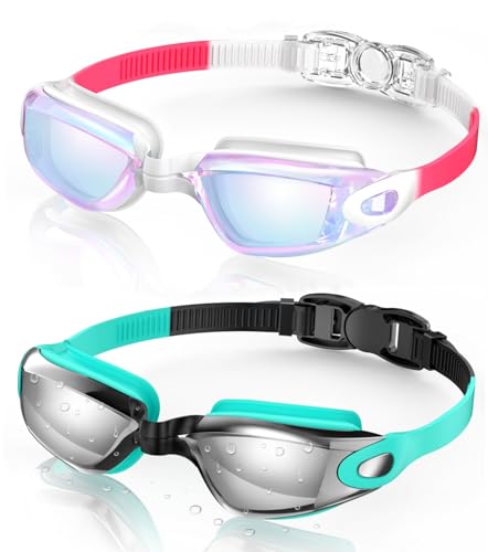 Aegend 2 Pack Swim Goggles for Adults - No Leak, Storage Case, Raspberry-Red White & Light-Blue Silver