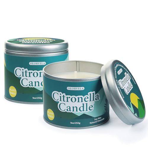 Olorvela 2 Pack Outdoor & Indoor Citronella Soy Wax Candles - 18oz, 60+ Hours Burn Time, Natural Scent, Reusable Metal Tins
