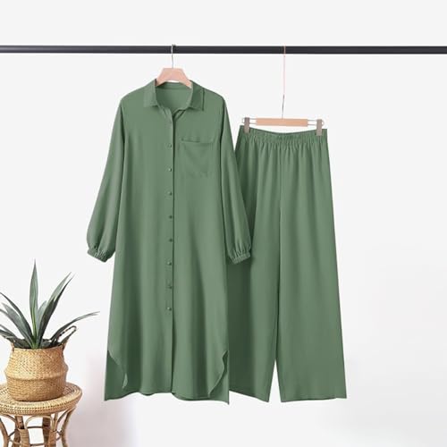 ODIZLI Women's Muslim 2-Piece Abaya Set Sage Green 3XL Long Sleeve Shirt & Pants