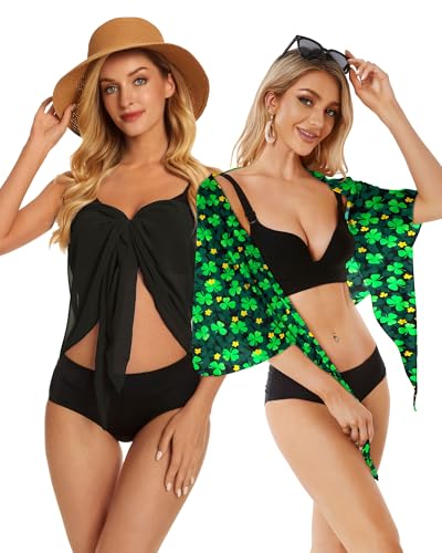 2-Piece Women's Sheer Beach Sarong Swimsuit Cover Up - Black & Green Clover