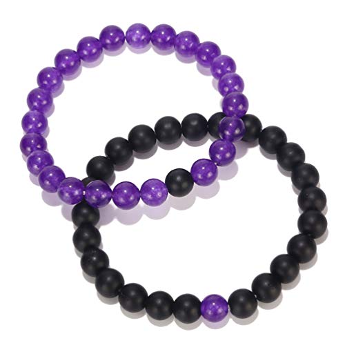 His and Hers Black Matte & Purple Agate Stone Bracelets - 8mm