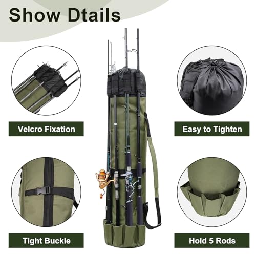ReeMoo Fishing Rod Bag Holds 5 Poles Portable Foldable Reel Case